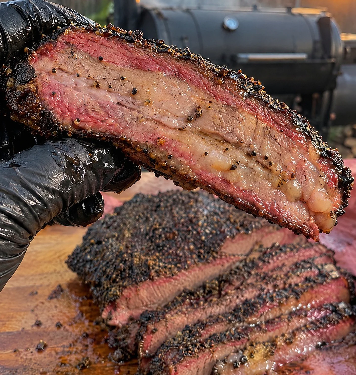 Sliced smoked wagyu brisket in front of an offset smoker